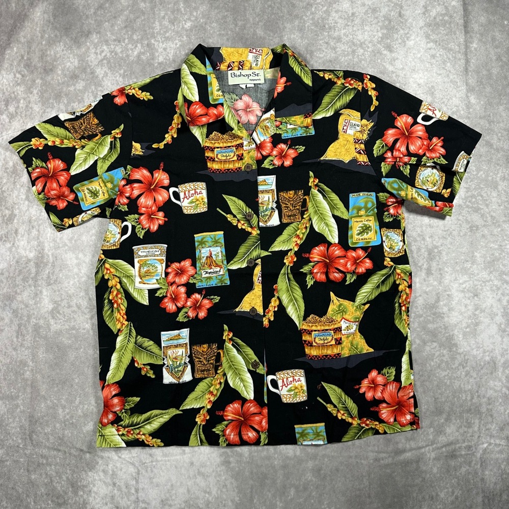 Bishop St. Mens M Hawaiian Shirt Black Coffee Hibiscus Made in Hawaii Tropical